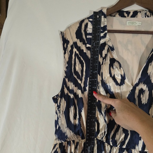 Spartina 449 Silk Maxi Dress Ikat Print Sleeveless V-Neck Beige Navy XXL - Picture 7 of 12